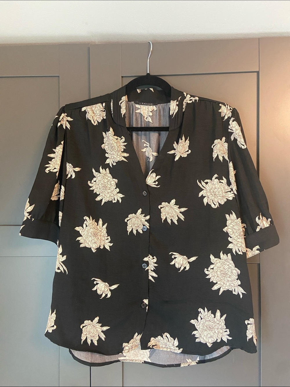 T Tahari Black Blouse with Cream Floral Print